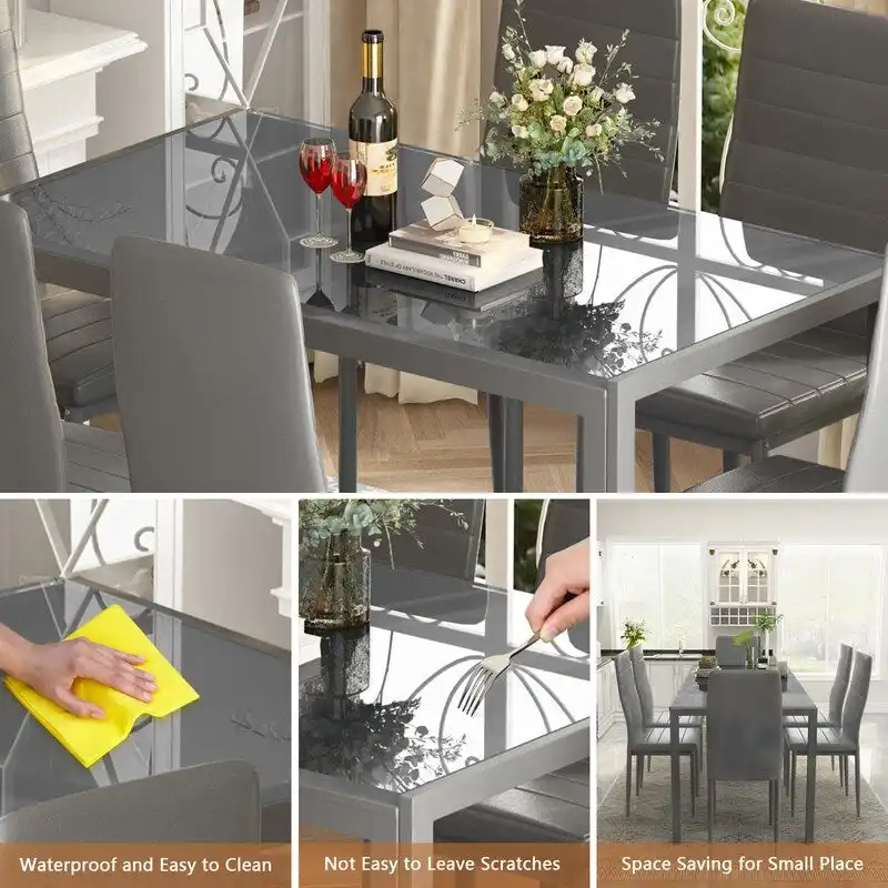 Grondin Modern Style 7-Piece Dining Room Table Set with Tempered Glass Tabletop and 6 PU Leather Upholstered Chairs