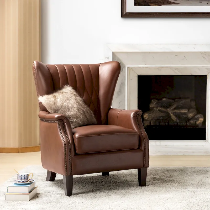 Traditional Wingback Genuine Leather Armchair, Single Seat – Brown / Camel / Navy / Burgundy