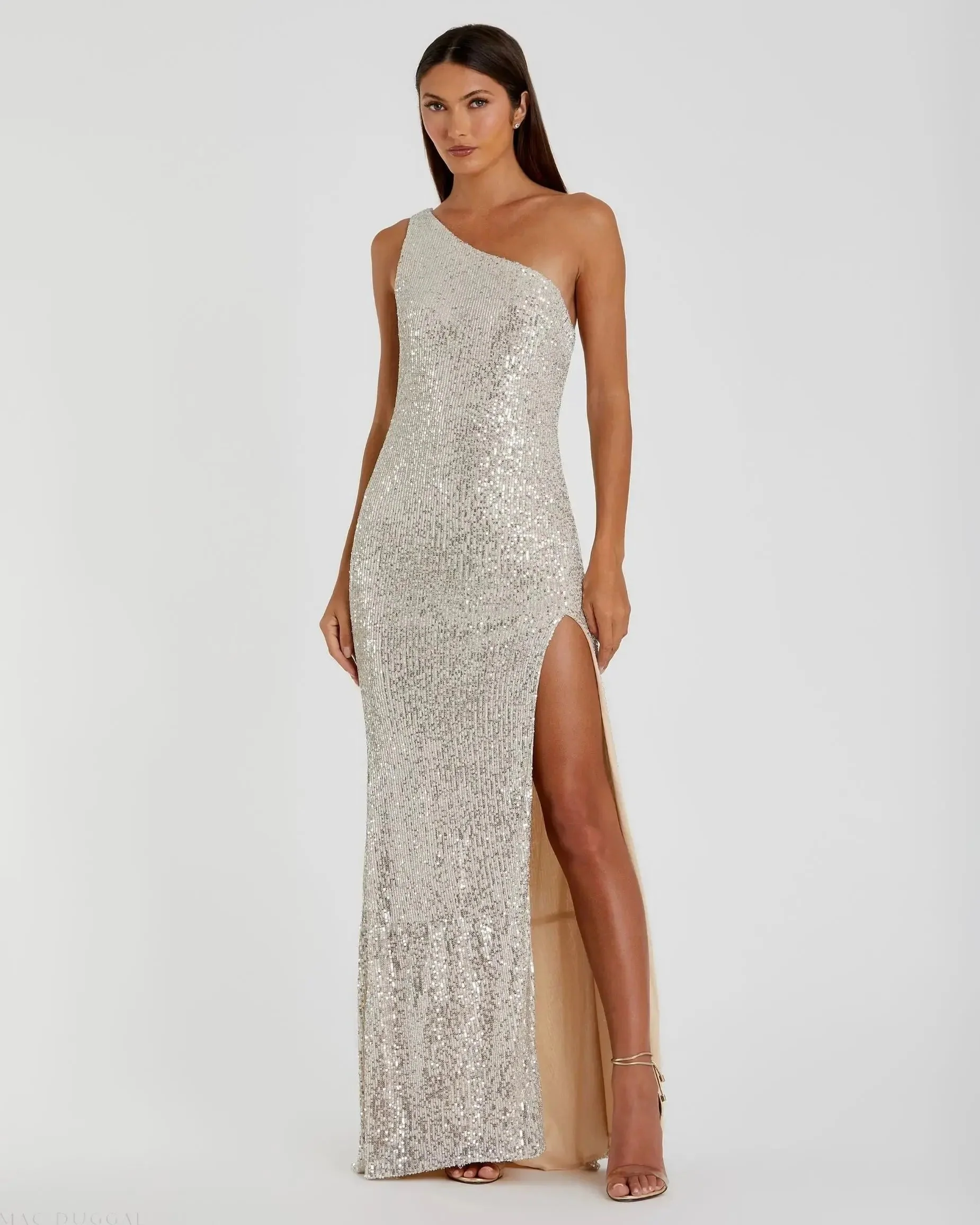 Silver Sequined One Shoulder Draped Back Gown