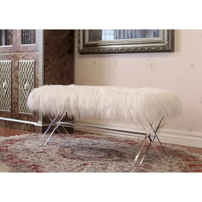 Pink / White Faux Fur X-Leg Bench – Glam Style, 2 Person Use