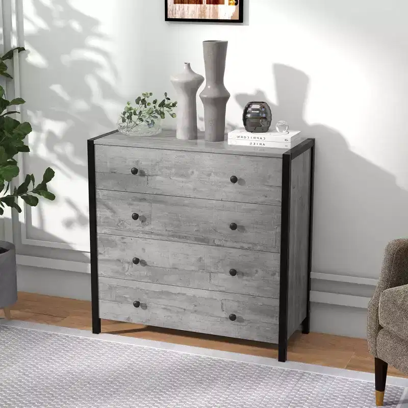 Costway 4-Drawer Dresser Modern Chest of Drawers Wooden Storage Dresser Grey/Oak