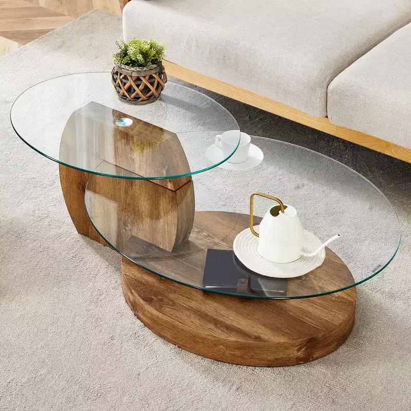Oval Coffee Table with Double Layer Design, Glass Cocktail Table Accent Table Sofa Side Table Center Table, Marble / Wood Grain - ModernLuxe