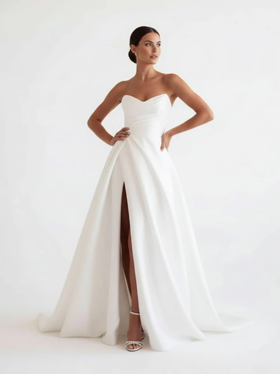 A-Line White Sleeveless Satin Wedding Dress With Side Slit