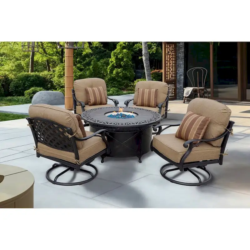 Nassau 5-Piece Patio Propane Fire Pit Rocker Club Conversation Set with Cushions and 47