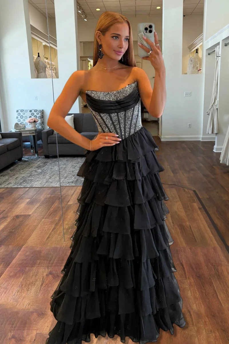 Black - A Line Strapless Chiffon Beaded Corset Long Prom Dress With Slit