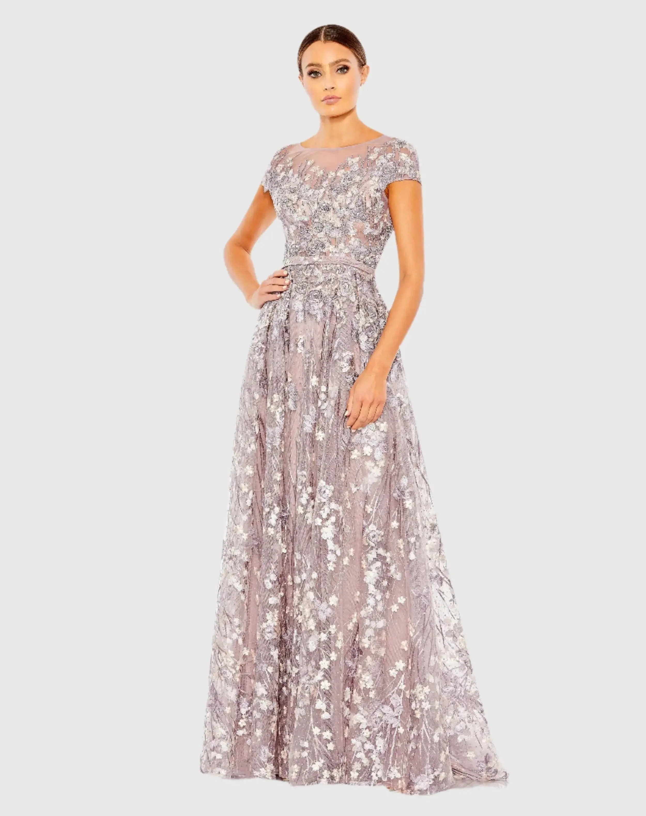 Light Purple Embellished Floral Cap Sleeve A Line Gown