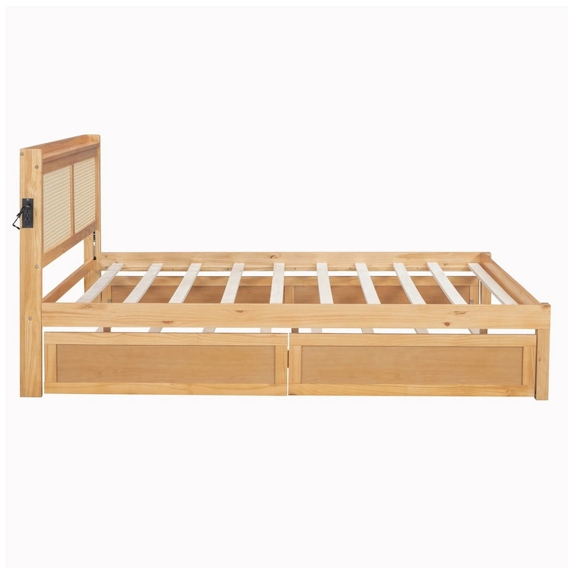 Elegant Bed Frame with Rattan Headboard and Sockets
