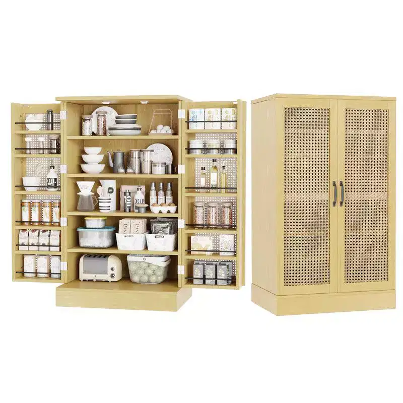 Karl Home Rattan Kitchen Storage Cabinet With 2 Doors And Adjustable Shelves Pantry Cabinet