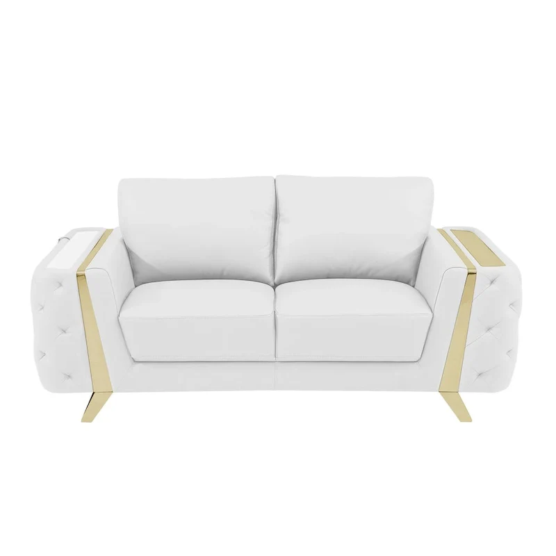72-Inch White & Gold Genuine Leather Loveseat with Gold Metal Legs – Seats 2, 600 lb Capacity