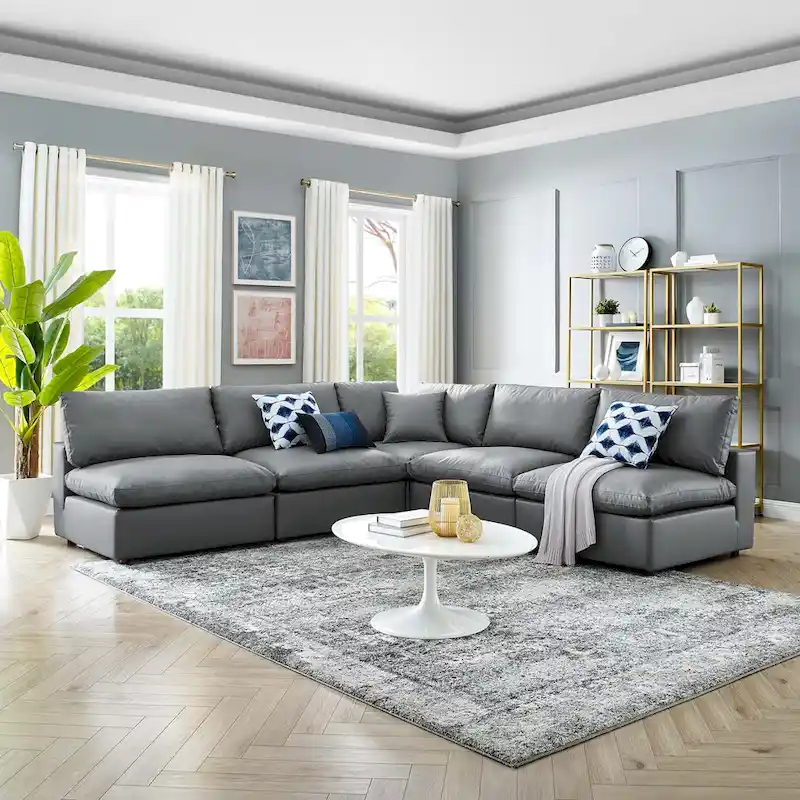 Commix Down Filled Overstuffed Vegan Leather 5-Piece Sectional Sofa