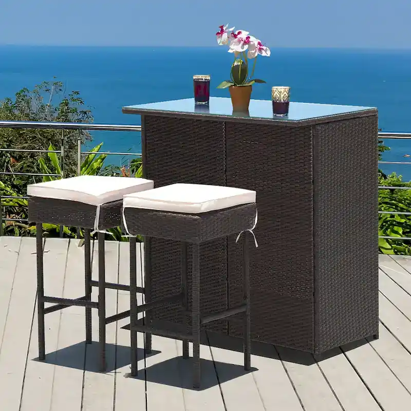 3PCS Patio Rattan Wicker Bar Table and Stools Dining Set, Cushioned