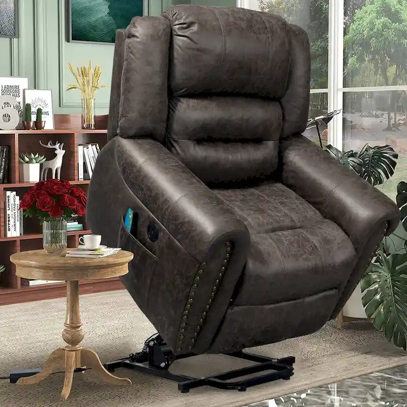 Antique Brown / Grey Faux Leather Power Lift Recliner with Massage & Heat, Single Seat, 330 lbs Capacity
