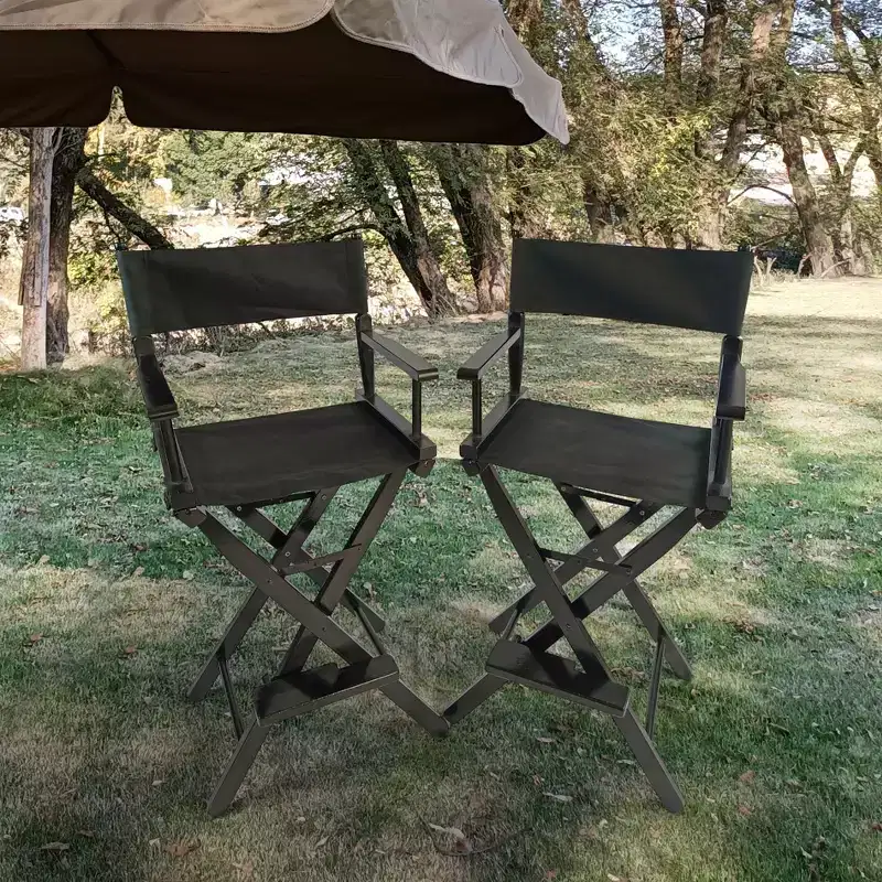 Okak Camping Chairs with Wooden Frame Set of 2, Folding Chair with Armrest and Footrest, Fishing Chair for Garden, Backyard, Porch, Black