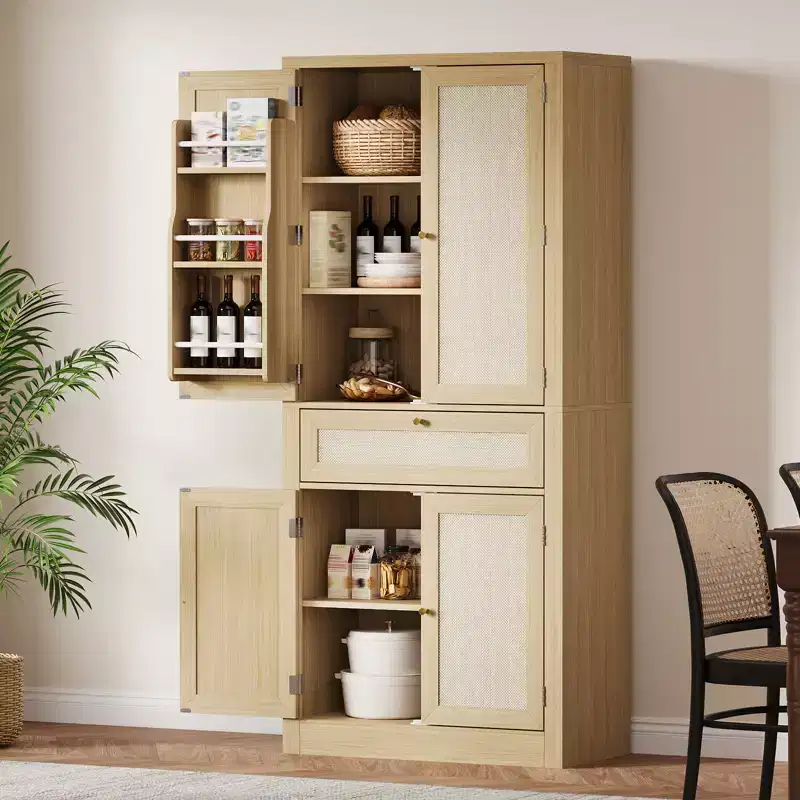Kitchen Pantry Cabine, Rattan Doors Freestanding Cupboard Storage Cabinet with Drawer, Adjustable Shelves for Dining Room Living Room Home Officee
