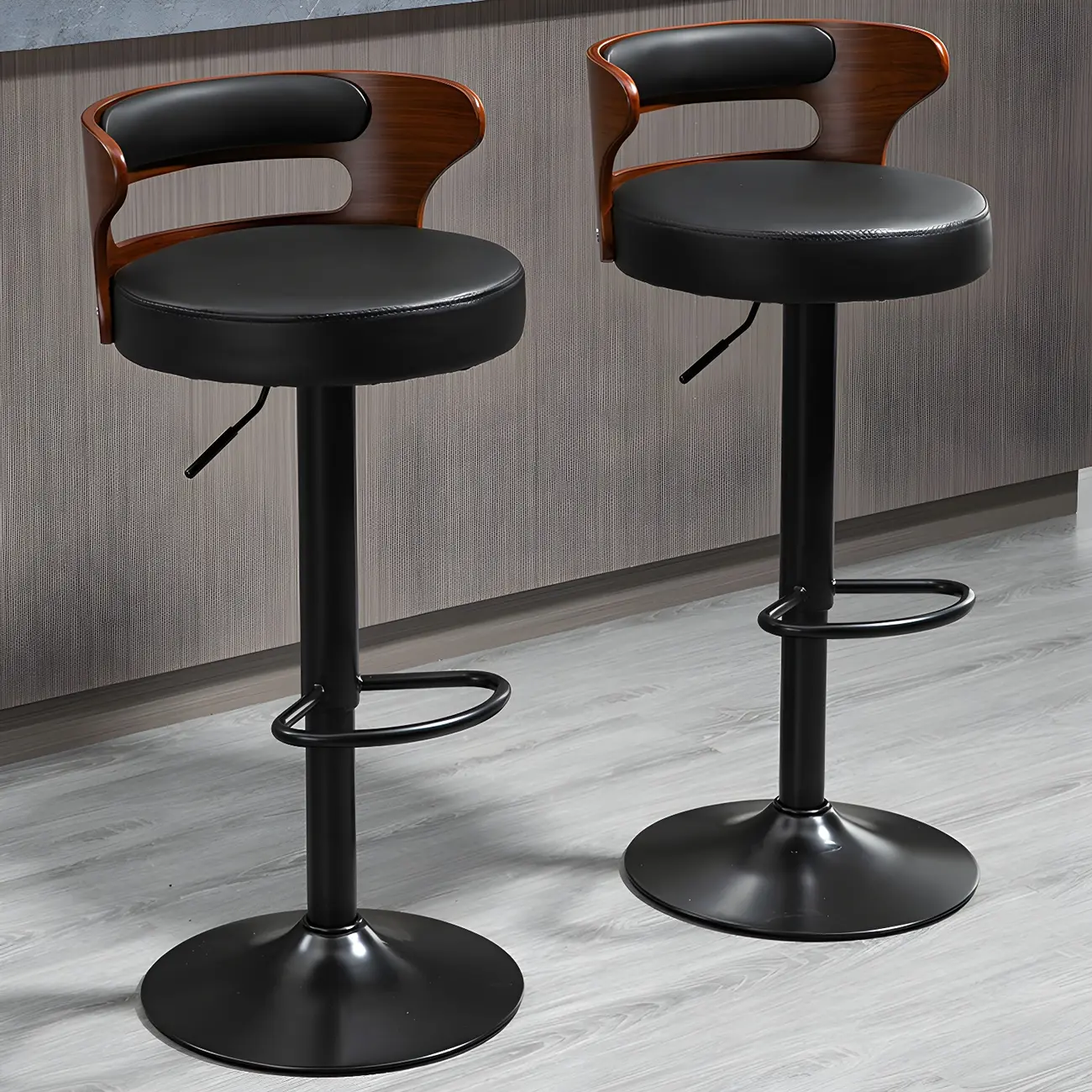 Adjustable Round Leather Swivel Bar Stools with Back