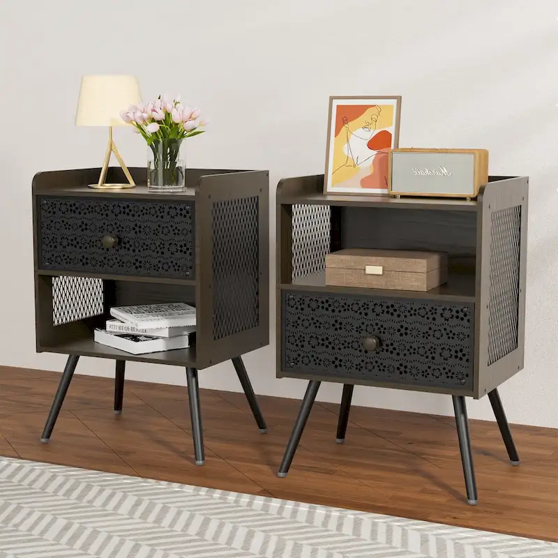 Wooden Bedside Table With Metal Legs Nightstand