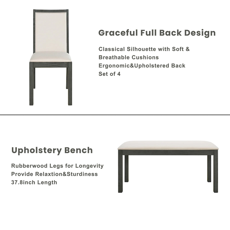 Farmhouse Style 6-Piece Dining Table Set with 4 Upholstered Dining Chairs and Bench