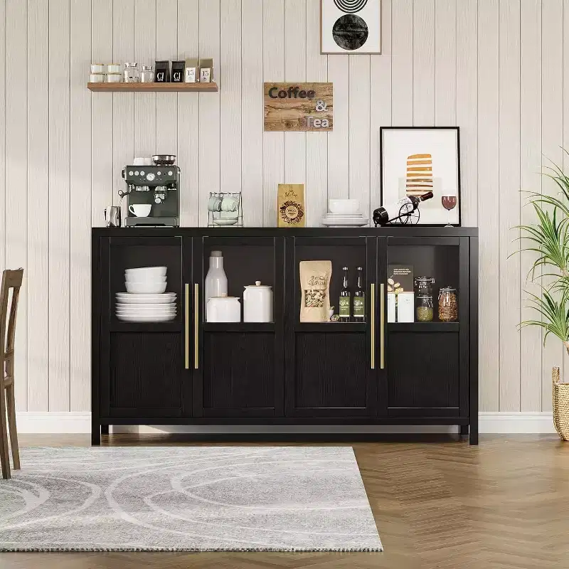 Acekool 55 Farmhouse Storage Cabinet  4 Glass Door Sideboard with Shelves, Slim Kitchen & Dining Organizer in Crisp White