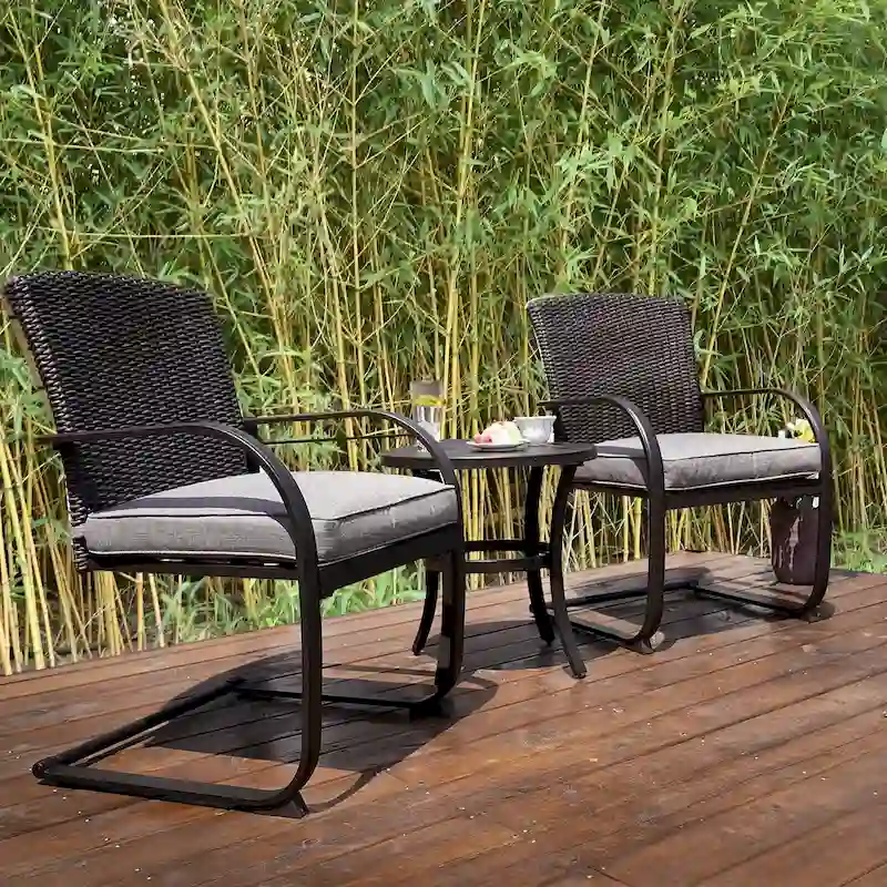 3 Piece Outdoor Patio Furniture Set Bistro Set 2 Wicker Chairs with Cushion and Coffee Table - N/A