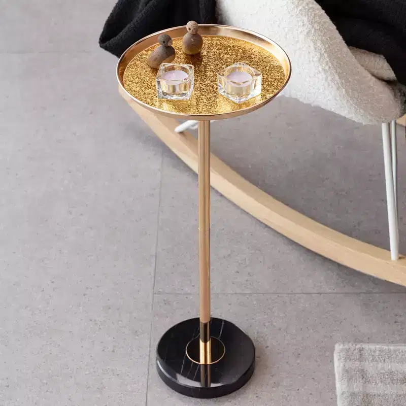 Adjustable Gold Side Table Natural Marble Top Small Tea Martini Display Pedestal End Table