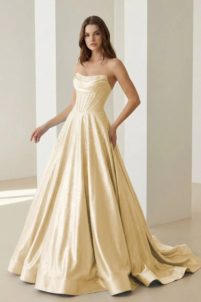 Yellow - Strapless A Line Satin Beaded Long Prom Dresses With Pockets
