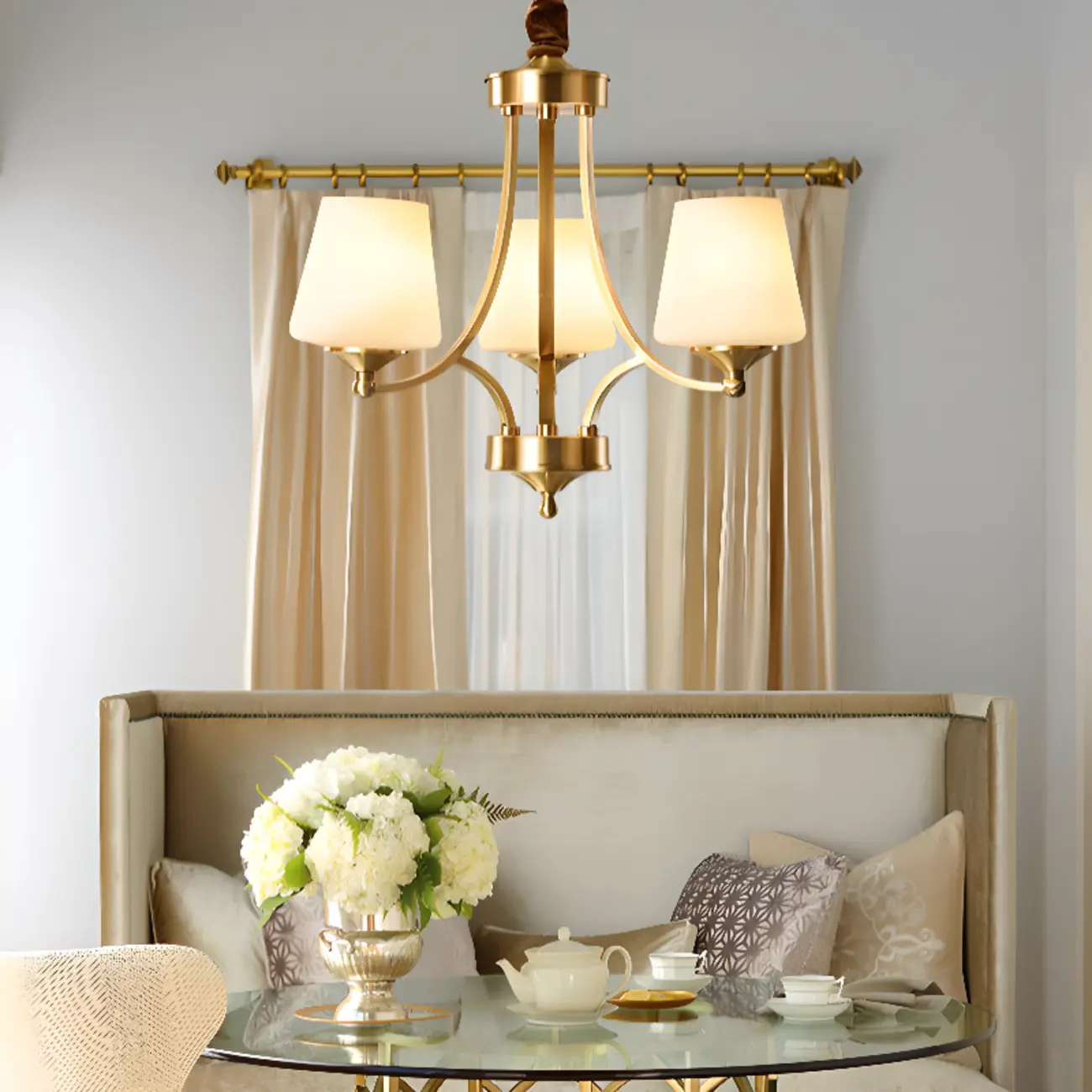 Vintage Brass Chandelier with Lampshades for Living Room