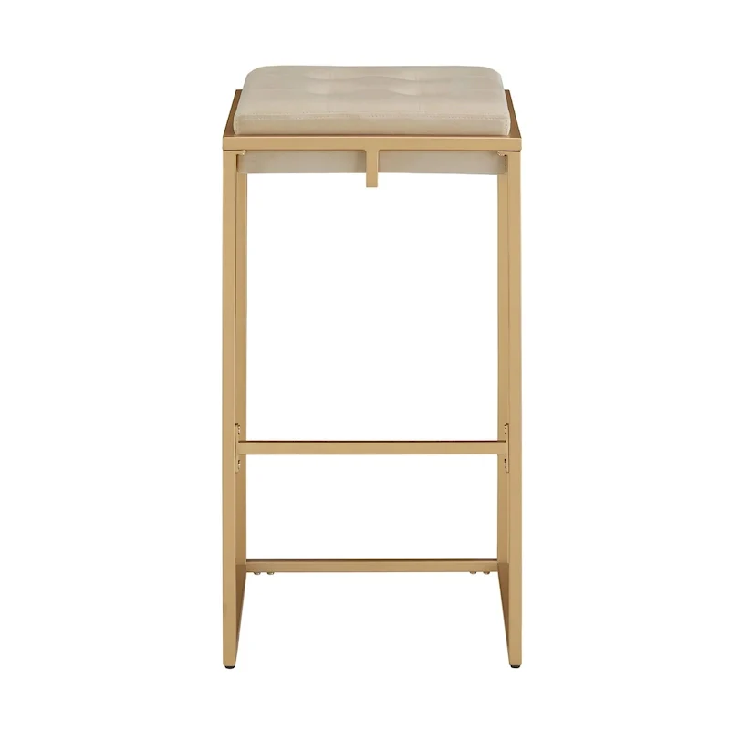 Backless Velvet Button-Tufted Bar Stool with Gold Metal Base & Footrest – Beige / Blue / Green, Counter / Bar Height