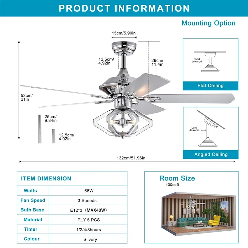 52  Dual Wood 5-Blade Crystal Ceiling Fan with Remote