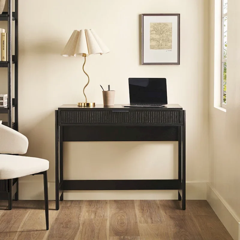 Coastal Oak / Black Reeded-Front Writing Desk with Drawer - Single Use