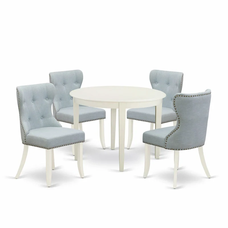East West Furniture Dining Table Set- a Kitchen Table and Baby Blue Linen Fabric Parson Chairs, Linen White(Pieces Options)