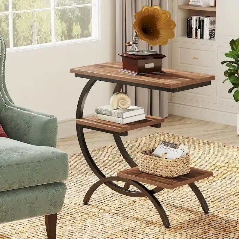 C-Shaped End Table, Industrial 3-Tier Side Table, Wood Bedside Table