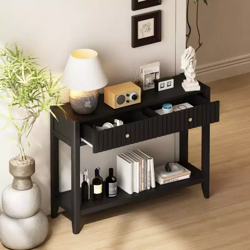 Console Table Entryway Table Sofa Side Table Storage Accent Table with Drawers & Shelf, Black - ModernLuxe
