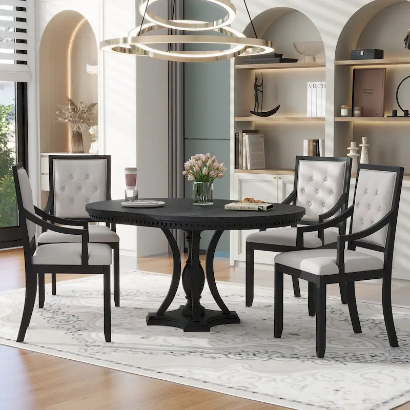 3-Color Farmhouse Extendable Round Dining Table & 4 Upholstered Chairs for 4