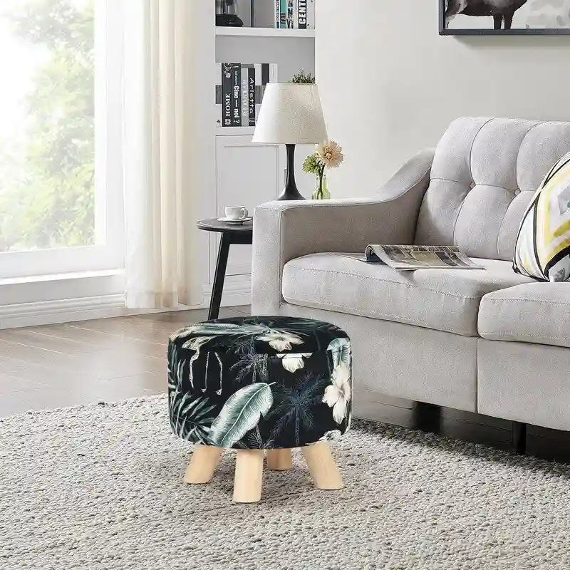 Adeco Modern Round Ottoman Foot Rest Footstool Velvet Fabric Padded