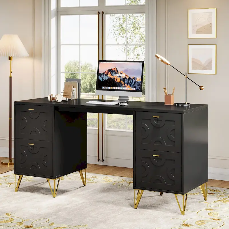 White Computer Desk with File Drawers, 59 Modern Home Office Desk