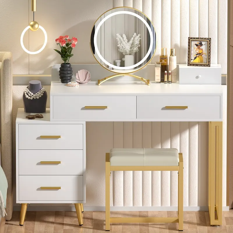 Makeup Vanity Desk with Round LED Mirror, 6 Drawers & Cushioned Stool – White / Pink / White & Cyan / Black, Single