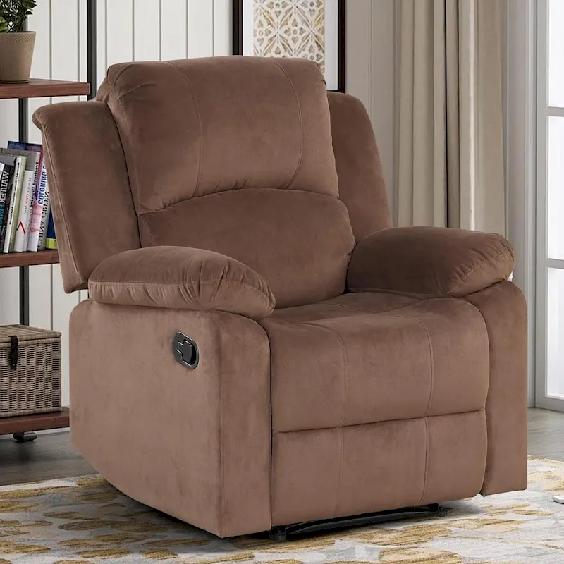 Overstuffed Short Plush Manual Recliner Chair with Side Handle – Smoke Grey / Light Grey / Brown, Modern Style, Single