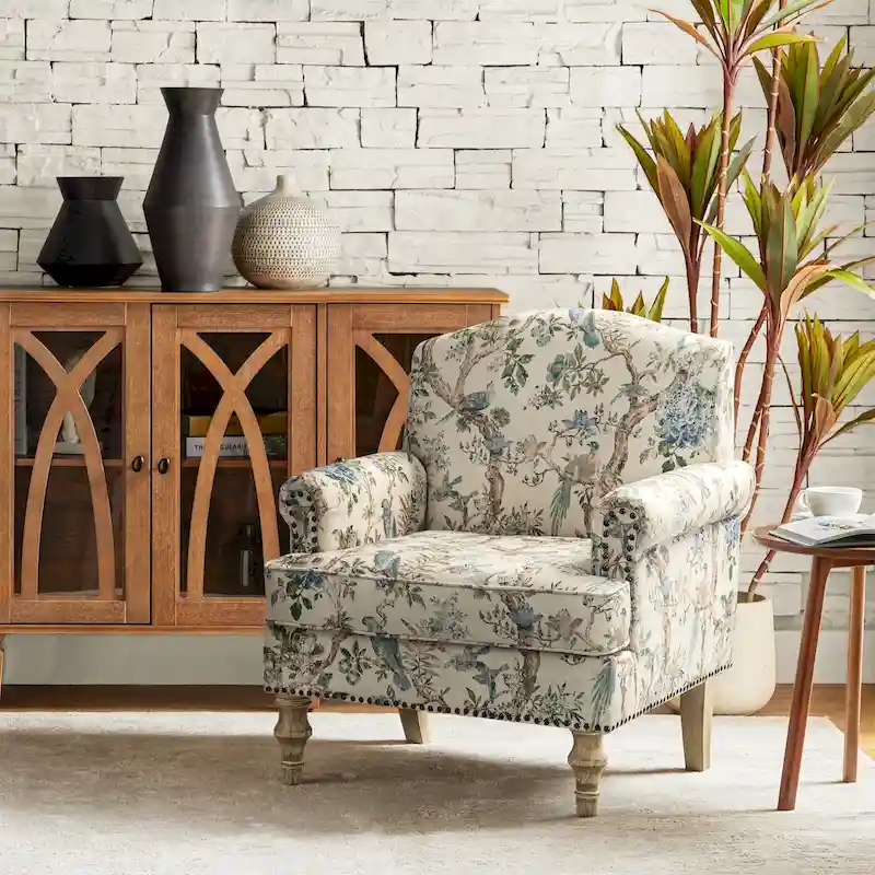 Grey / Farmhouse Nailhead Accent Armchair – Single Seat, Wood Legs
