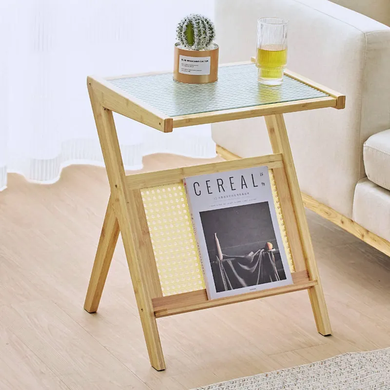 Natural / Brown / Black Bamboo Side Table & Coffee Table with Glass Top & Magazine Rack