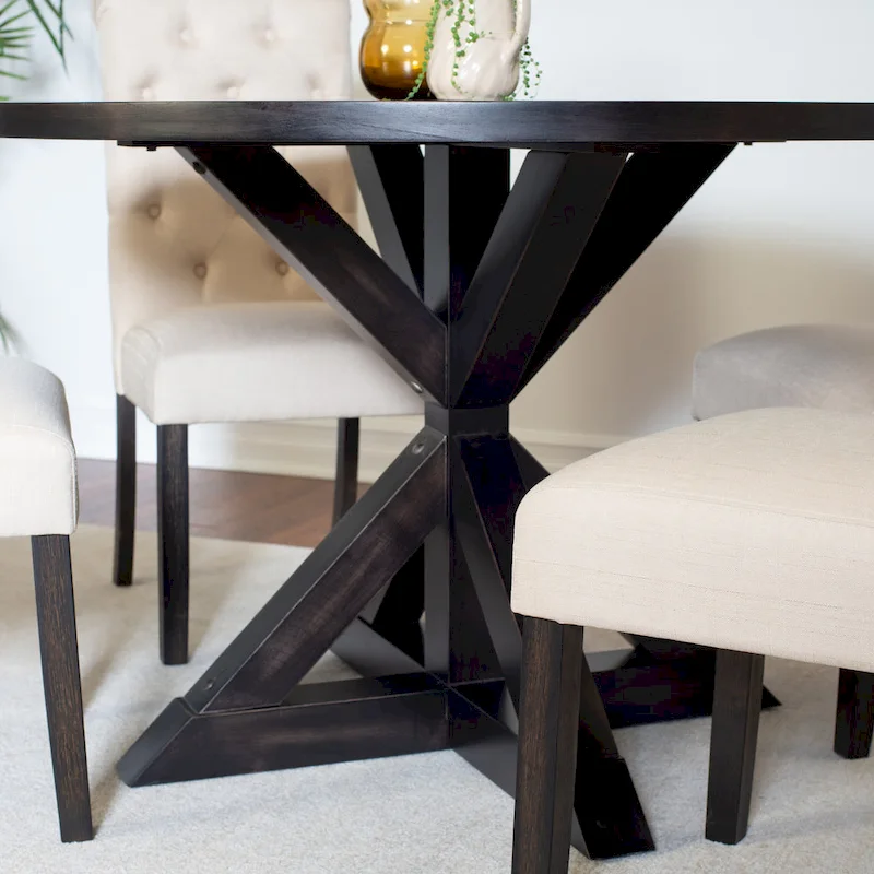 5 Piece Round Dining Table Set, Dining Room Furniture Set with Cross-Buck Dining Table and 4 Upholstered Chairs