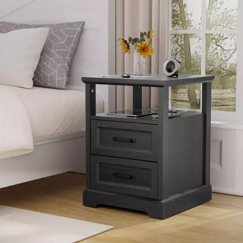 Hommpa Modern Rustic Bedside Table Nightstand with Charging Station, 2 Drawers & Open Shelf