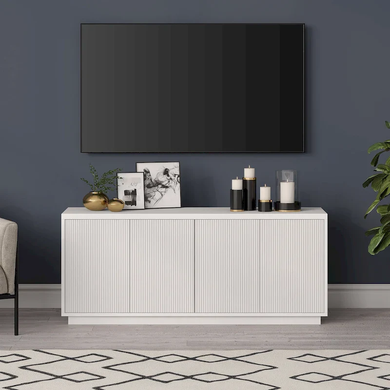 Rectangular TV Stand with Cabinet Doors – White / Black Grain / Alder White, Fits up to 65