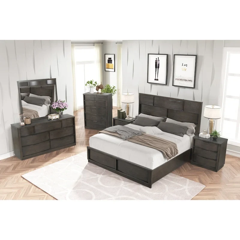 Roundhill Furniture Belani Wood Panel Bed Set, Bed, Dresser, Mirror, Two Nightstands, and Chest, Espresso