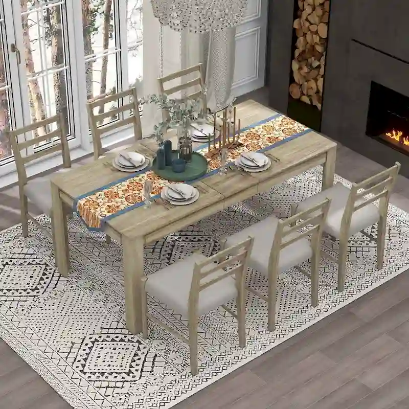 Natural Wood Wash / Brown+White Extendable Dining Set, Seats 6–8 (7-Piece)