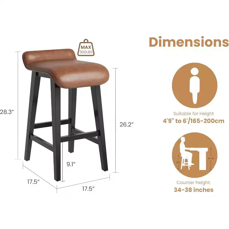 Set of 4 Counter Height Bar Stools with Low Back & Footrest, Wood Frame, Wide PU Leather Seat for Kitchen Islands & Counter Bars, Brown