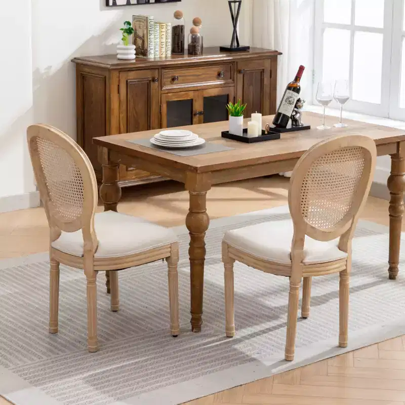 Set of 2 French Style Dining Chairs Upholstered Chairs Accent Chairs Armless Chairs with Rattan Back/Upholstered Back, Natural+Beige/Gray-ModernLuxe