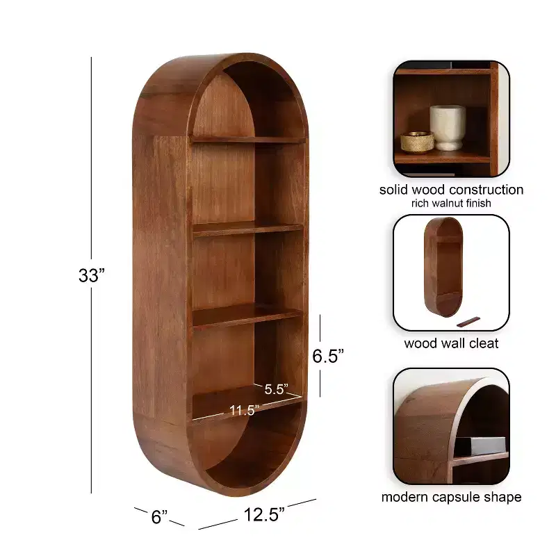 Kate and Laurel Hutton Wood Capsule Wall Shelf, Walnut Brown, 13x33