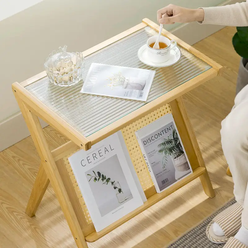 Bamboo Glass Top Side Table Accent End Table with Magazine Rack