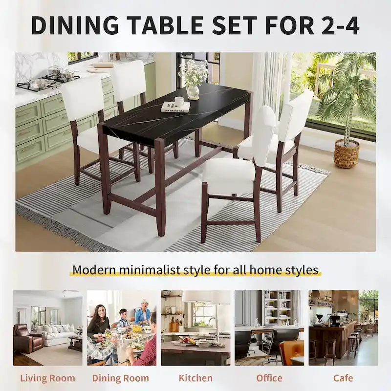5-Piece Counter Height Dining Table Set, Faux Marble Bar Table and 4 Upholstered-Seat Chairs