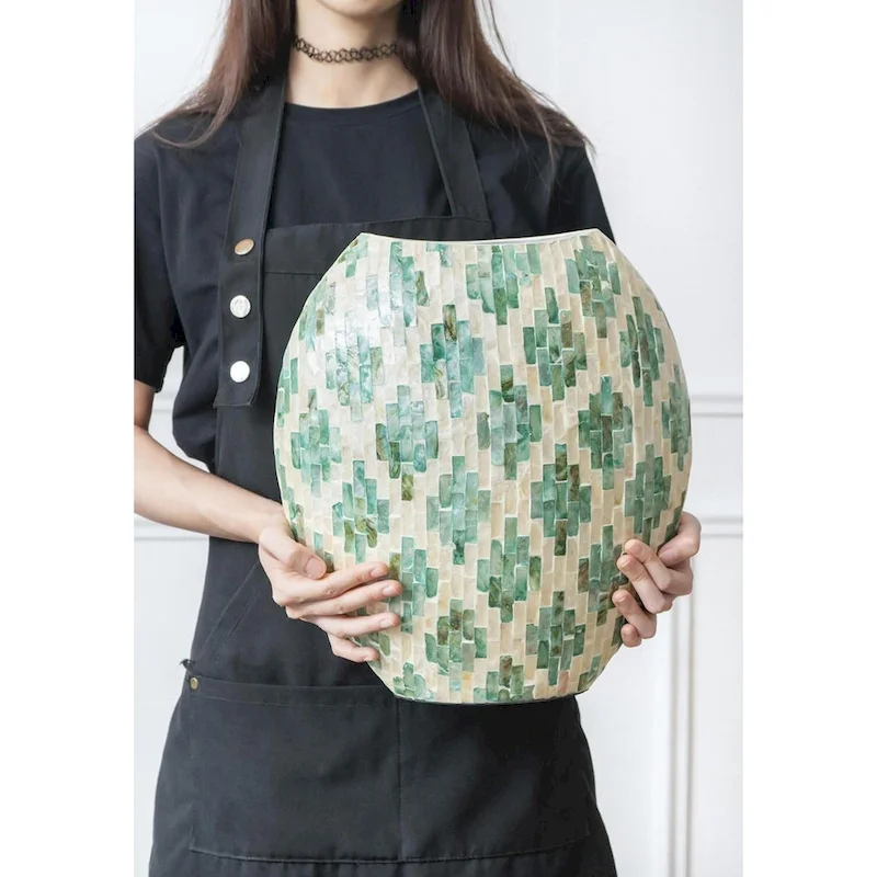 A&B Home Green and Tan Diamond Pattern Capiz Vase